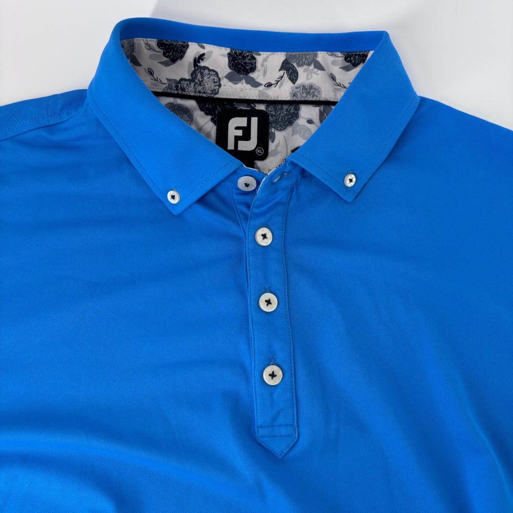FootJoy Polo Shirt Mens XL Blue Floral Trim Performance Stretch Golf Athletic
